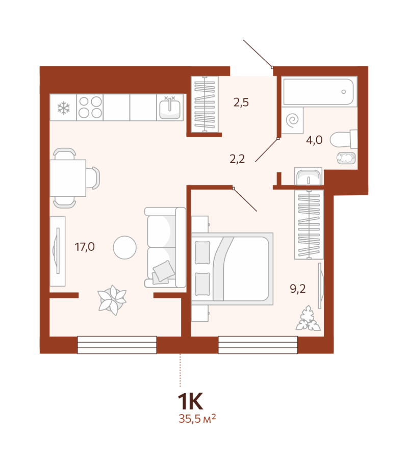 Планировка 1-комн. квартира, 35.5 м² — ЖК «Новатор»