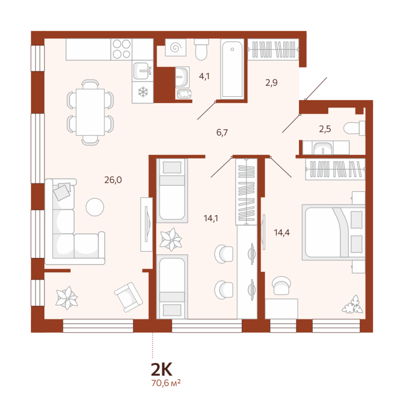 Планировка 2-комн. квартира, 70.6 м² — ЖК «Новатор»