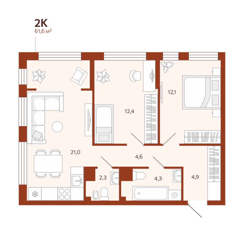 Планировка 2-комн. квартира, 61.6 м² — ЖК «Новатор»