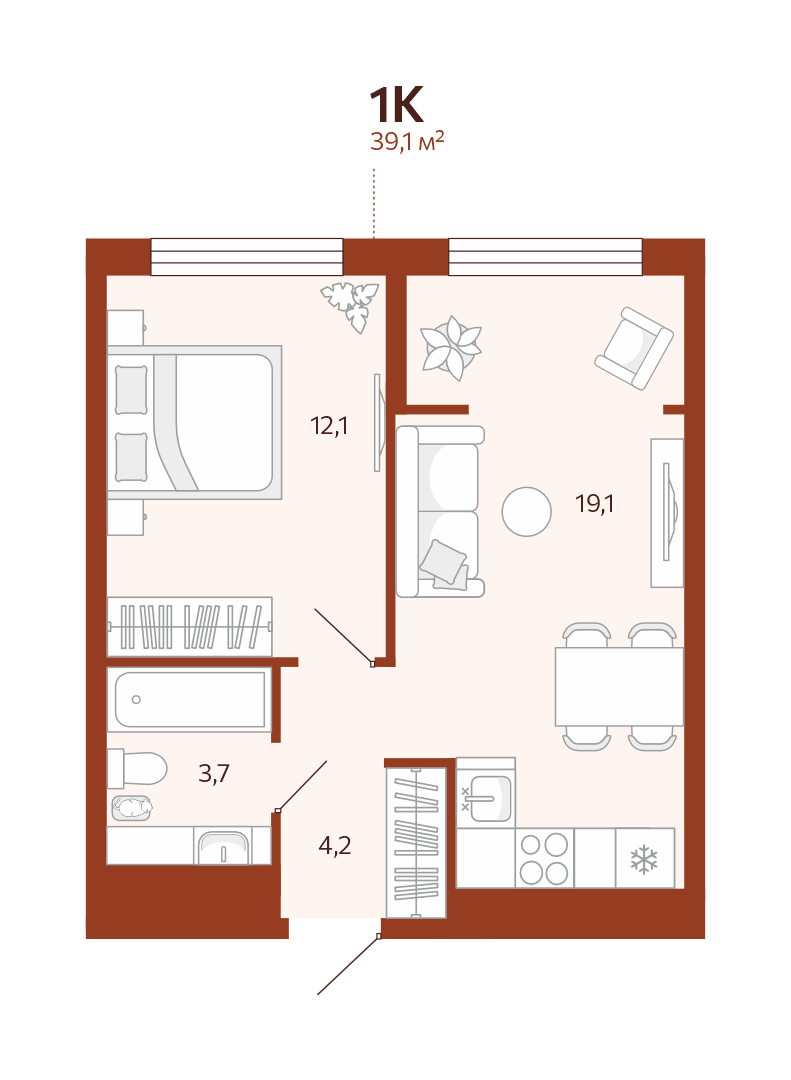 Планировка 1-комн. квартира, 39.1 м² — ЖК «Новатор»