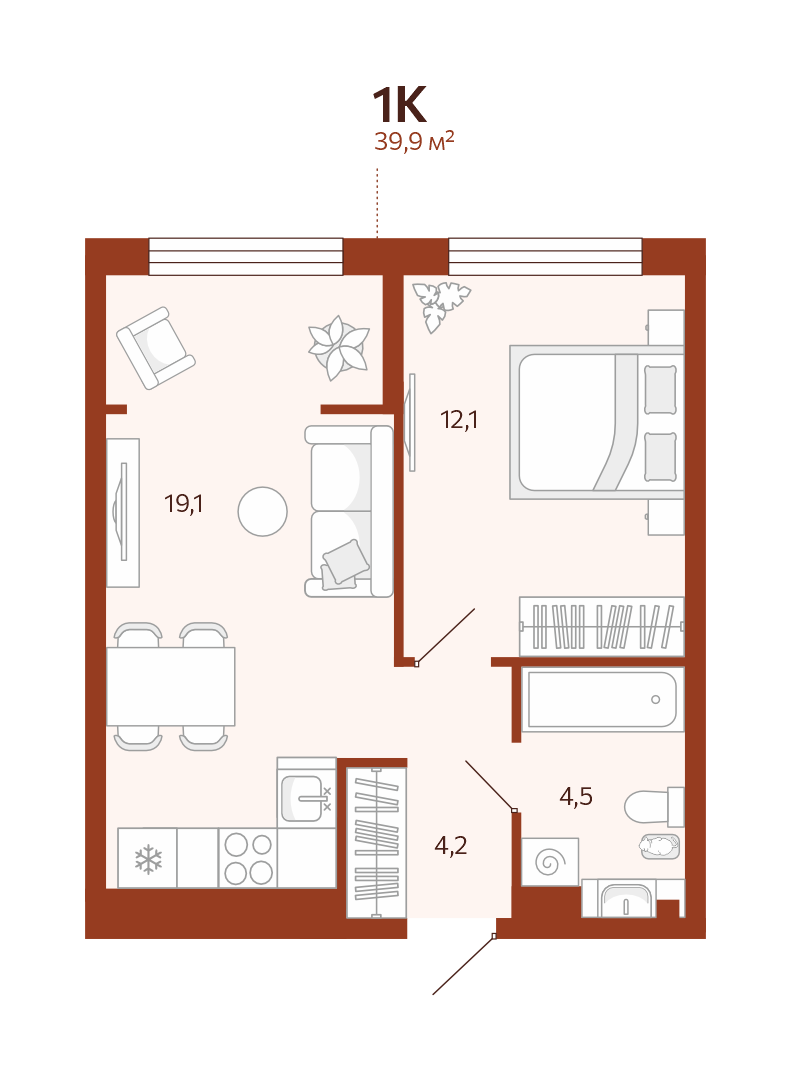 Планировка 1-комн. квартира, 39.9 м² — ЖК «Новатор»