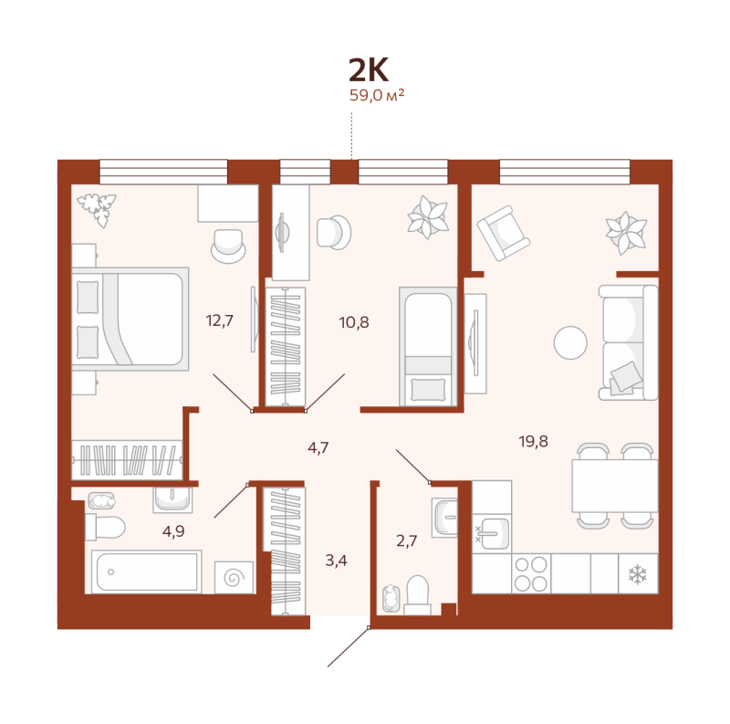 Планировка 2-комн. квартира, 59 м² — ЖК «Новатор»