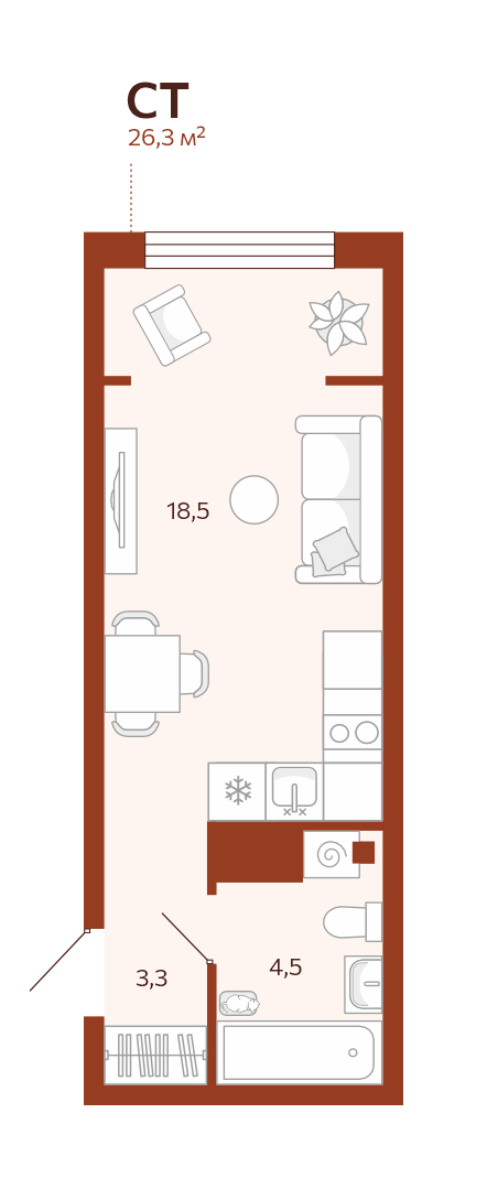 Планировка Студия, 26.3 м² — ЖК «Новатор»