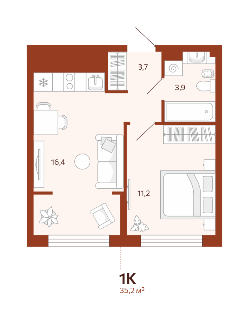 Планировка 1-комн. квартира, 35.2 м² — ЖК «Новатор»