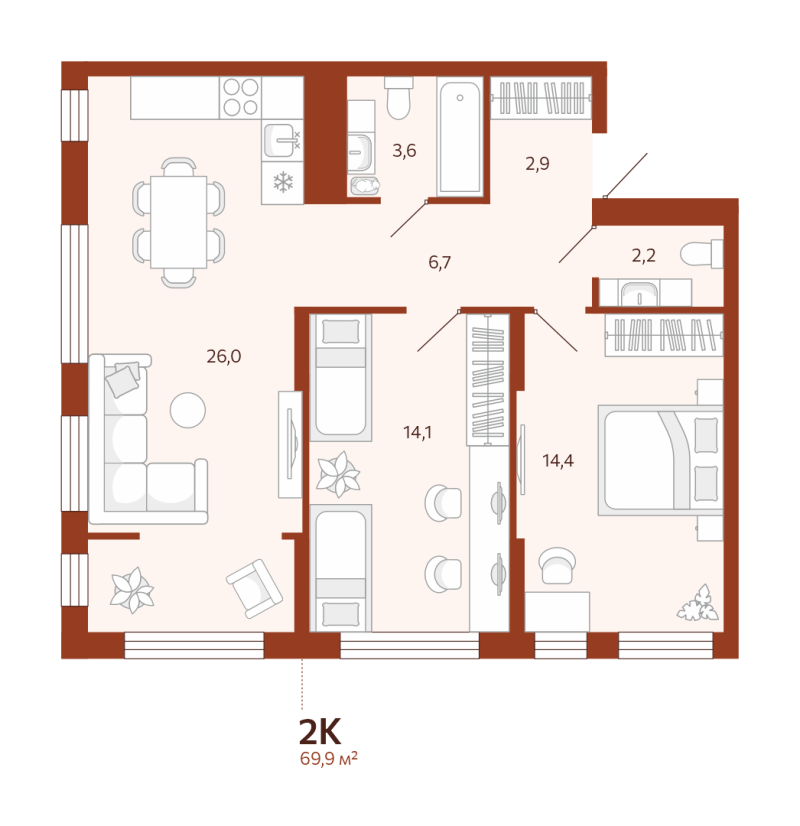 Планировка 2-комн. квартира, 69.9 м² — ЖК «Новатор»
