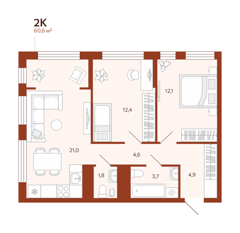 Планировка 2-комн. квартира, 60.6 м² — ЖК «Новатор»