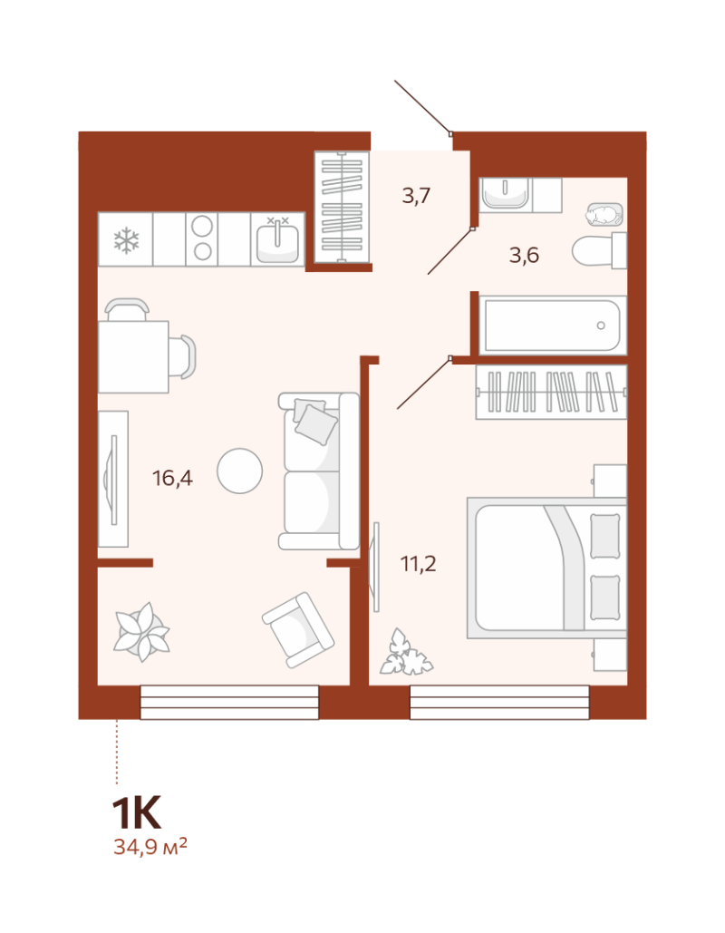 Планировка 1-комн. квартира, 34.9 м² — ЖК «Новатор»