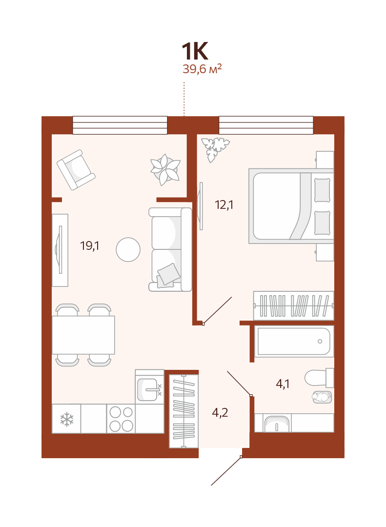 Планировка 1-комн. квартира, 39.6 м² — ЖК «Новатор»