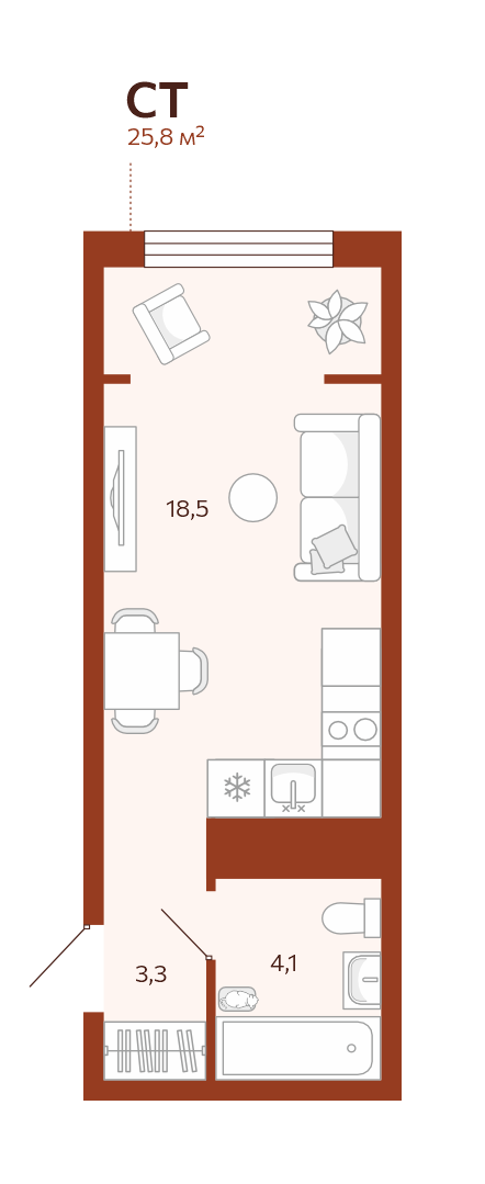 Планировка Студия, 25.8 м² — ЖК «Новатор»