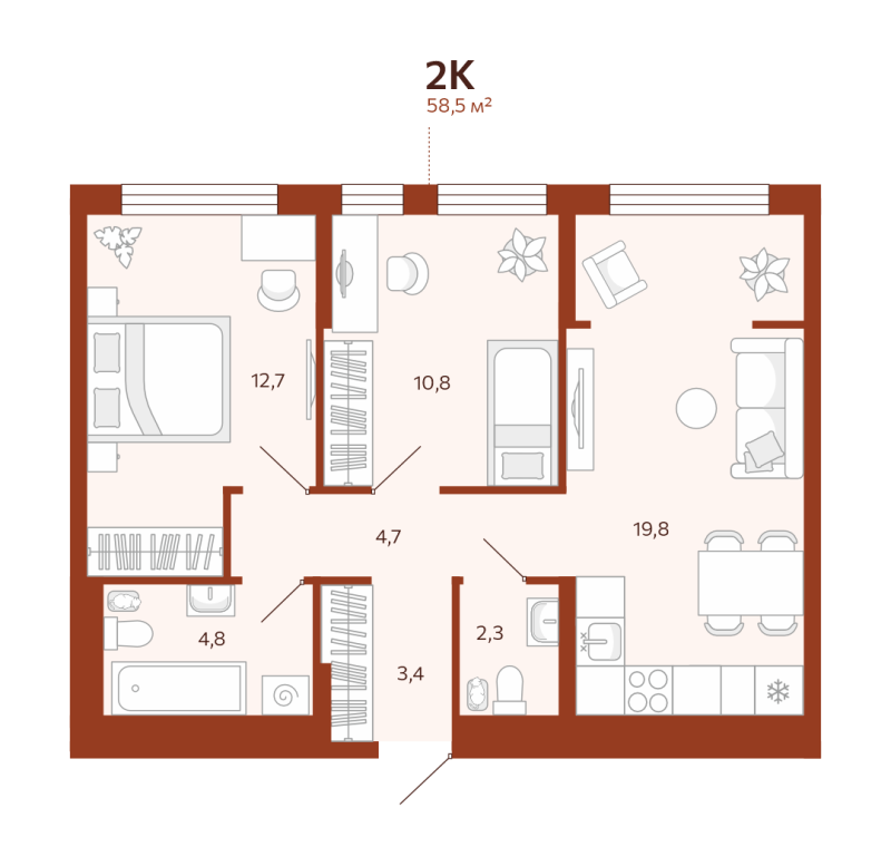Планировка 2-комн. квартира, 58.5 м² — ЖК «Новатор»
