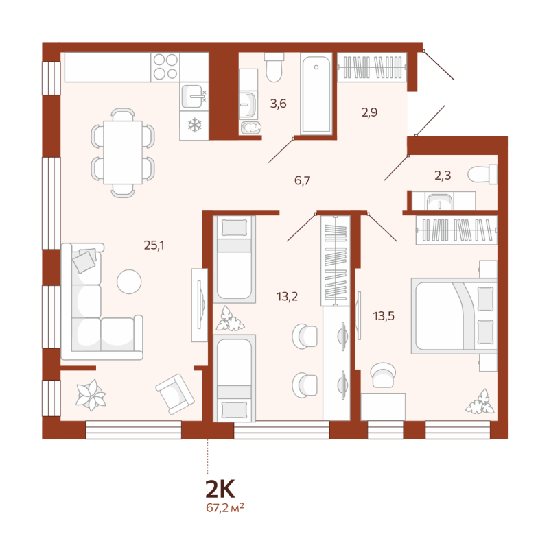 Планировка 2-комн. квартира, 67.2 м² — ЖК «Новатор»