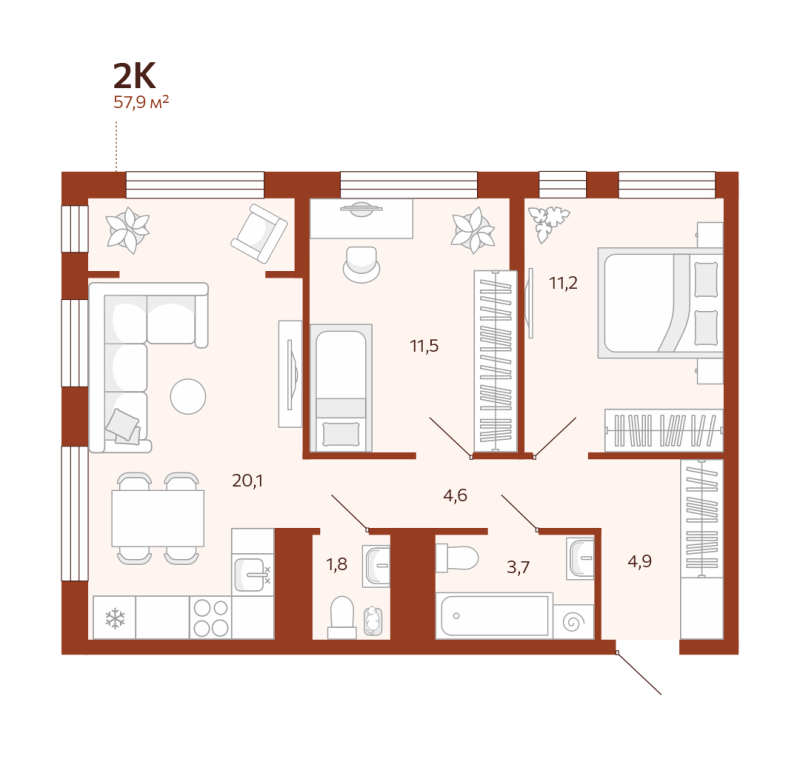 Планировка 2-комн. квартира, 57.9 м² — ЖК «Новатор»