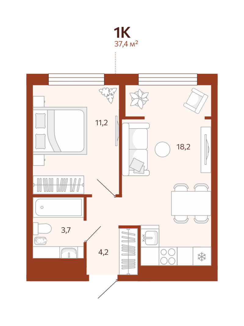 Планировка 1-комн. квартира, 37.4 м² — ЖК «Новатор»
