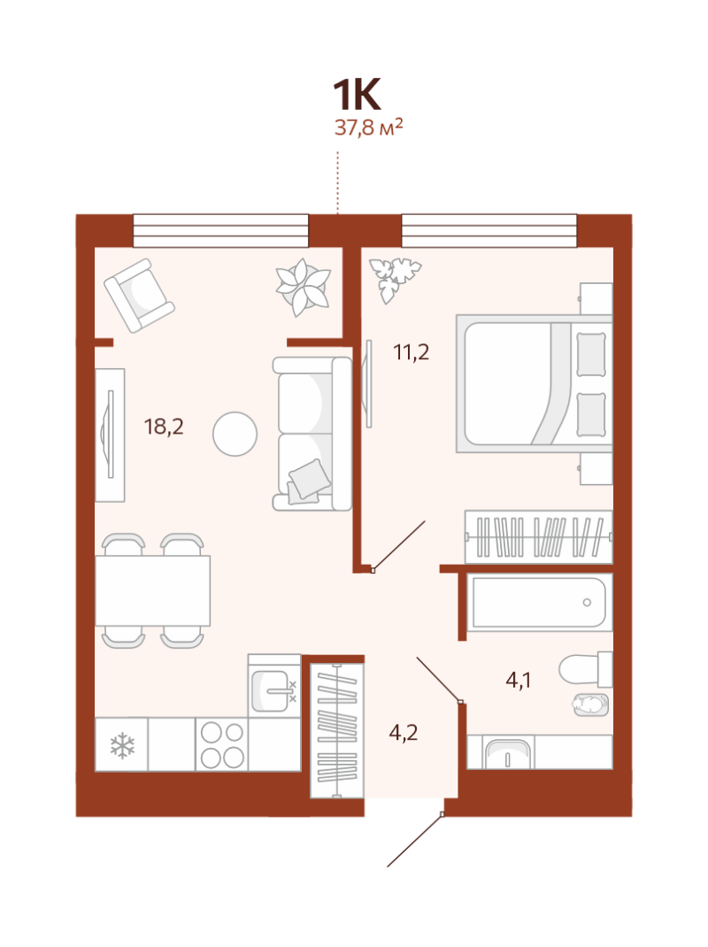 Планировка 1-комн. квартира, 37.8 м² — ЖК «Новатор»