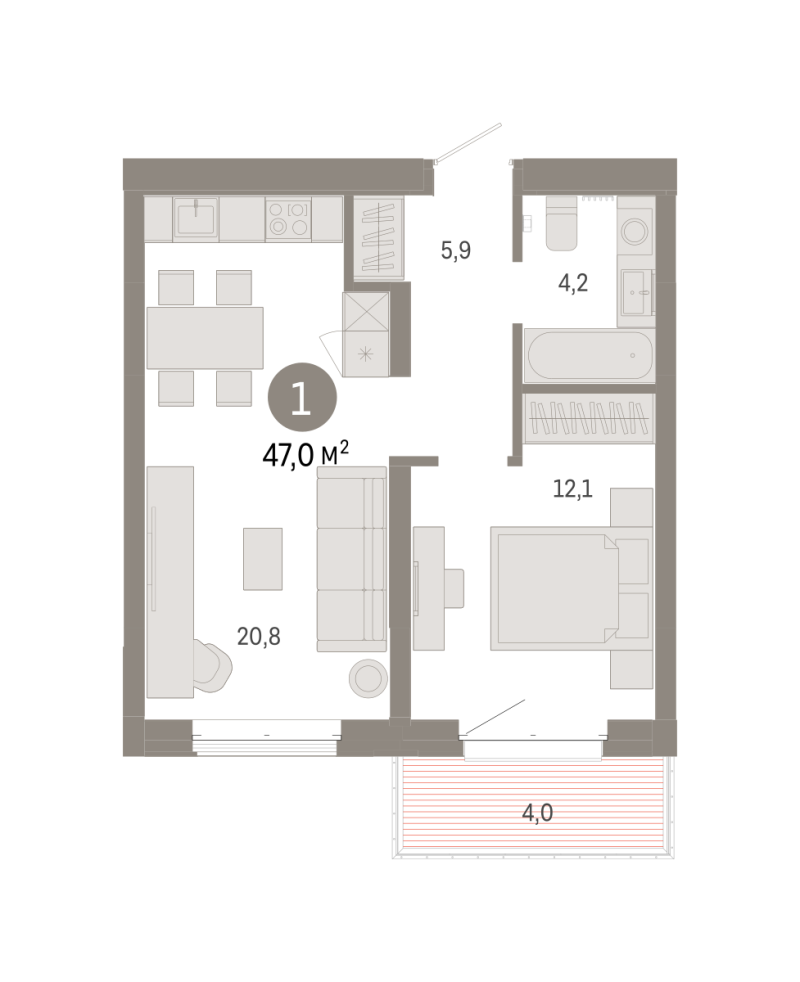 Планировка 1-комн. квартира, 47 м² — ЖК «Кварталы «На Минской»»