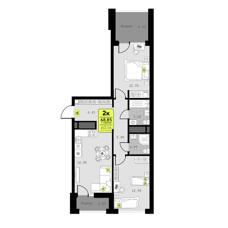 Планировка 2-комн. квартира, 68.8 м² — ЖК «Мотивы»