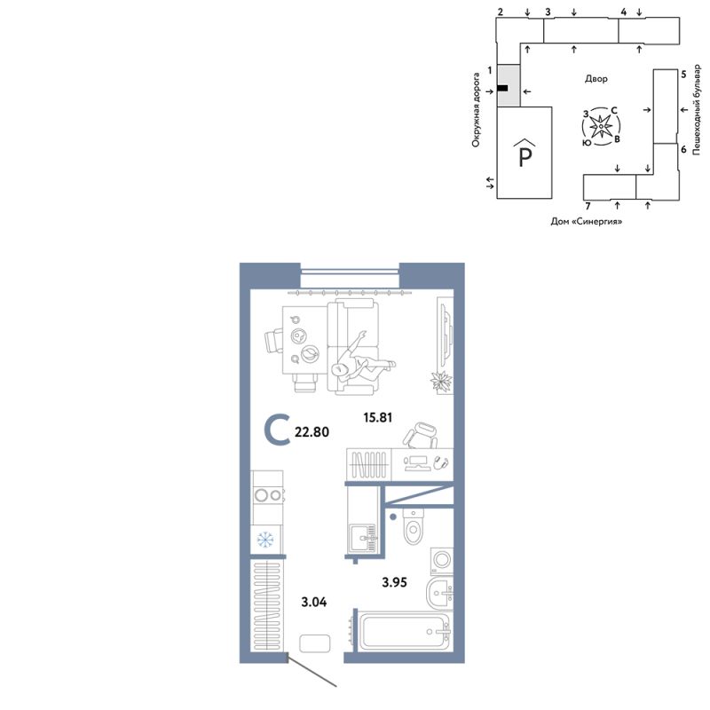 Планировка Студия, 22.8 м² — ЖК «Юнион»