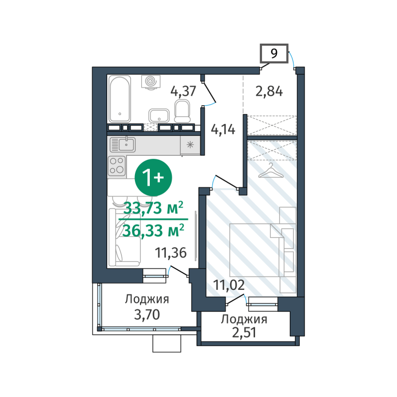 Планировка 1-комн. квартира, 33.5 м² — ЖК «Гринвуд»