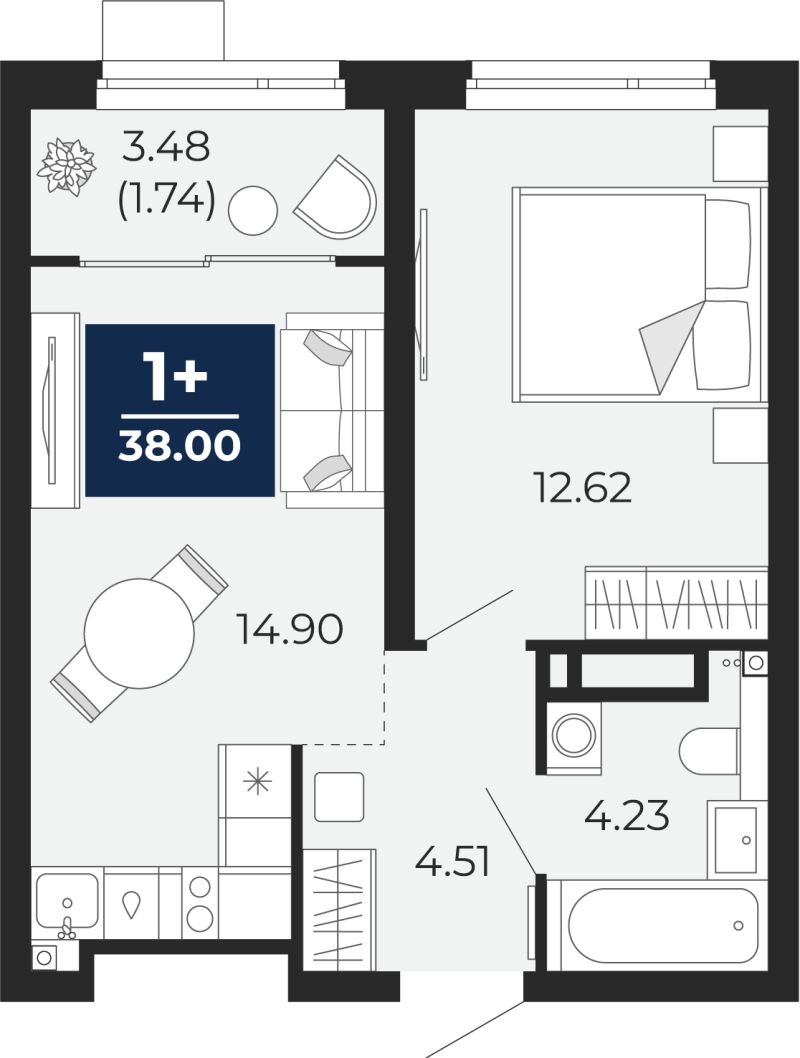 Планировка 1-комн. квартира, 38 м² — ЖК «Прео»