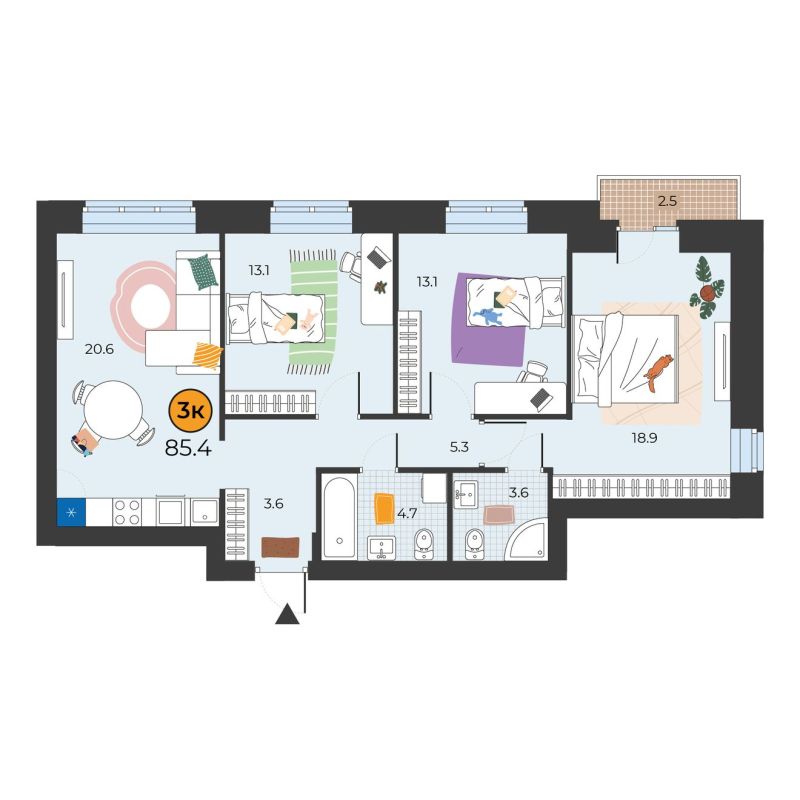 Планировка 3-комн. квартира, 85.4 м² — ЖК «Корней»