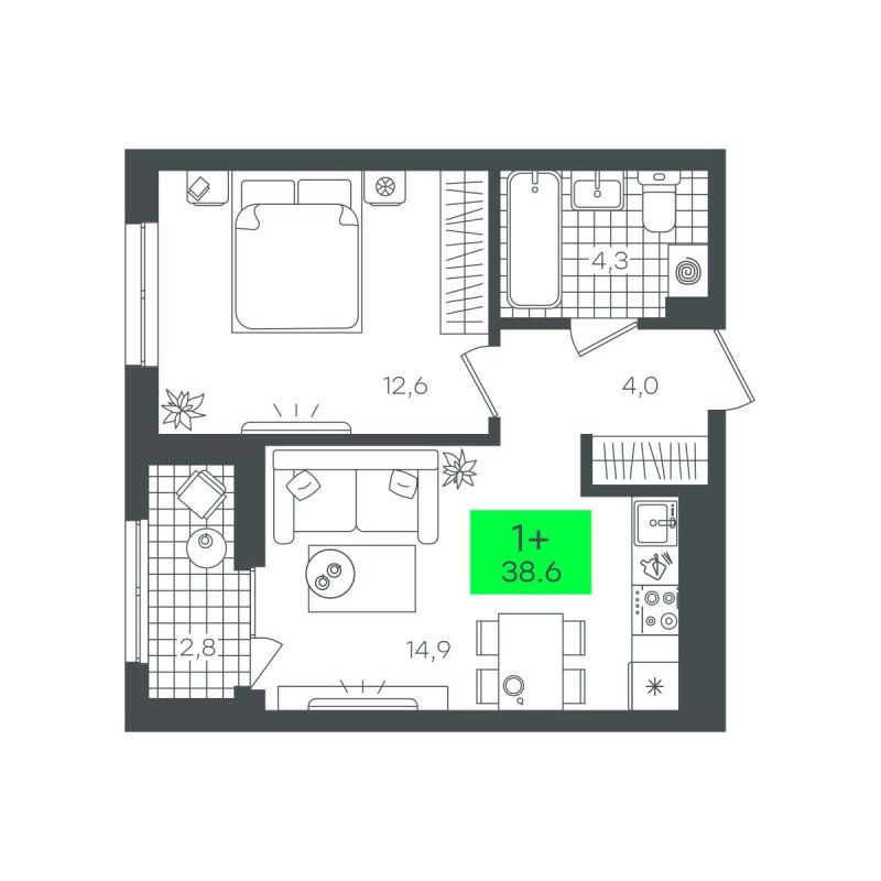 Планировка 1-комн. квартира, 38.6 м² — ЖК «Сезоны»