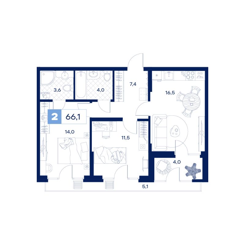 Планировка 2-комн. квартира, 66.1 м² — ЖК «Дом Нойферта»