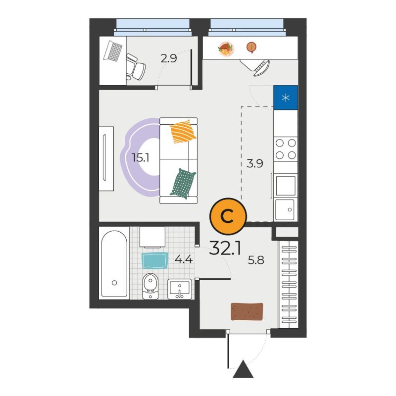 Планировка Студия, 32.1 м² — ЖК «Корней»