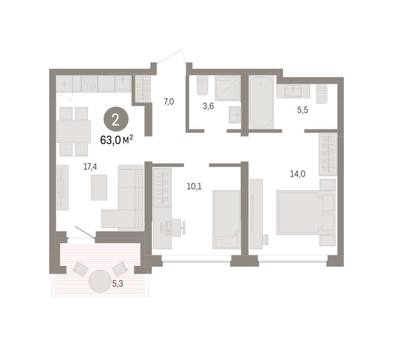 Планировка 2-комн. квартира, 63 м² — ЖК «Дом у озера»