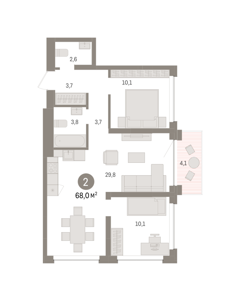 Планировка 2-комн. квартира, 68 м² — ЖК «Дом у озера»