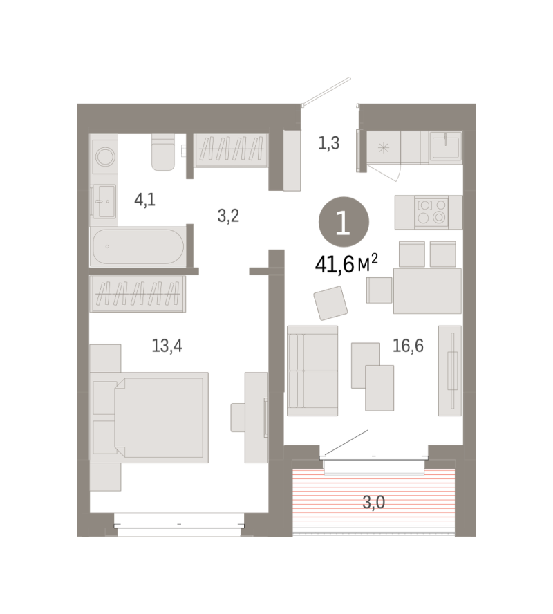 Планировка 1-комн. квартира, 41.6 м² — ЖК «Кварталы «На Минской»»