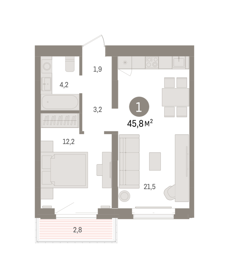 Планировка 1-комн. квартира, 45.8 м² — ЖК «Кварталы «На Минской»»