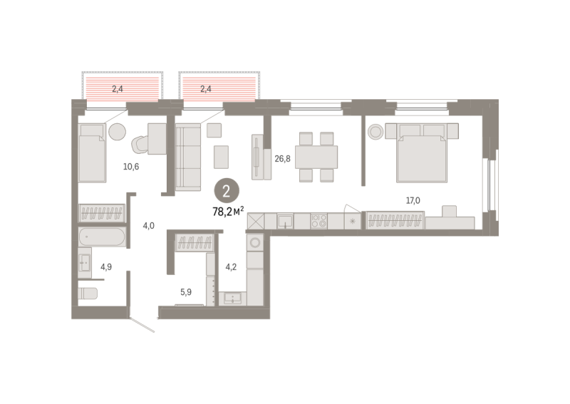 Планировка 2-комн. квартира, 78.2 м² — ЖК «Зарека»