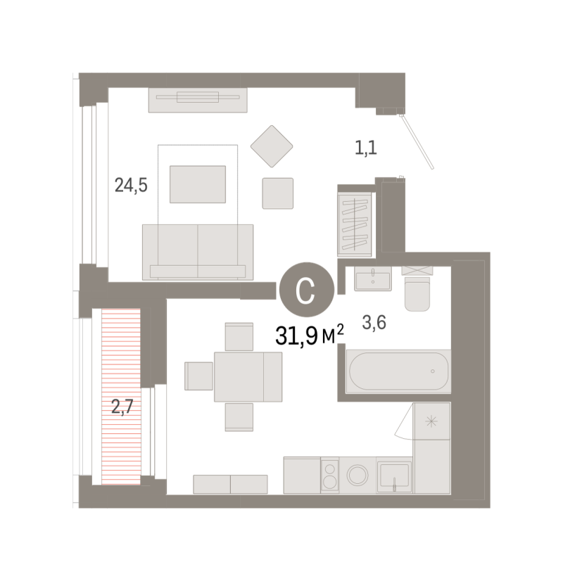 Планировка Студия, 31.9 м² — ЖК «Зарека»