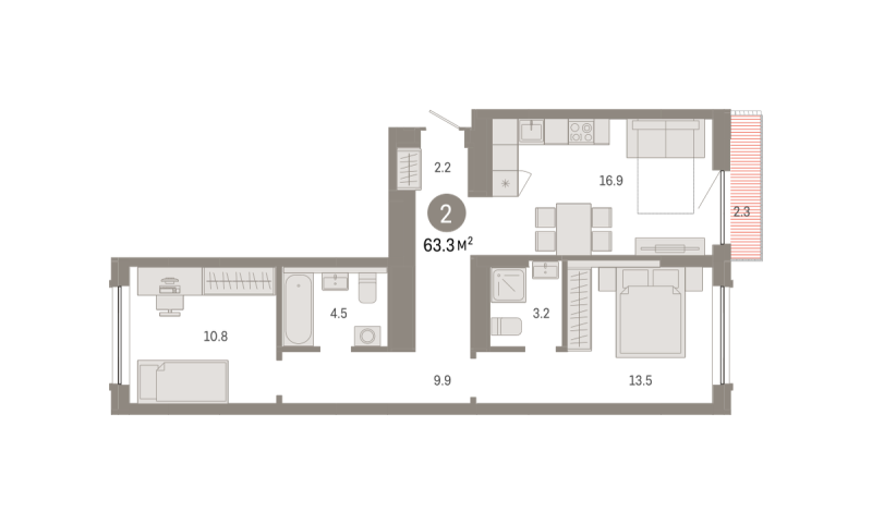 Планировка 2-комн. квартира, 63.3 м² — ЖК «Октябрьский на Туре»