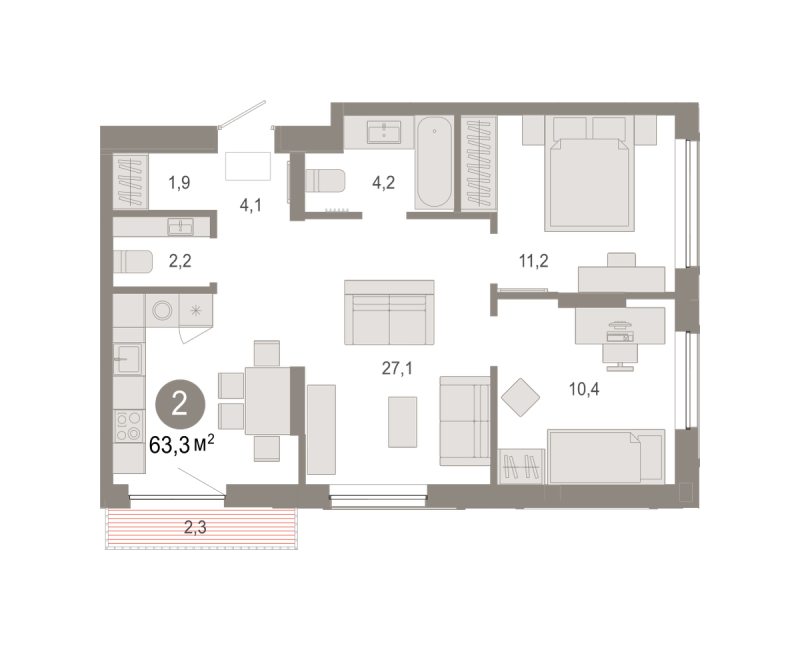 Планировка 2-комн. квартира, 63.3 м² — ЖК «Октябрьский на Туре»