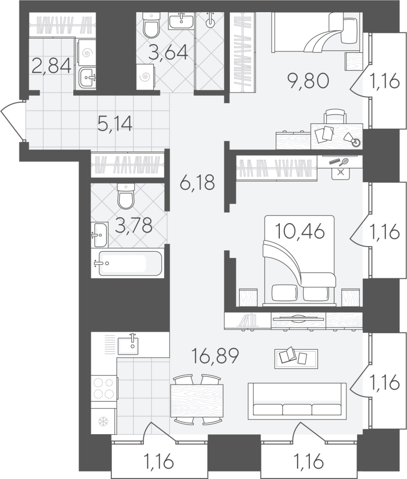 Планировка 2-комн. квартира, 64.5 м² — ЖК «Скандиа. Дом на берегу Туры»