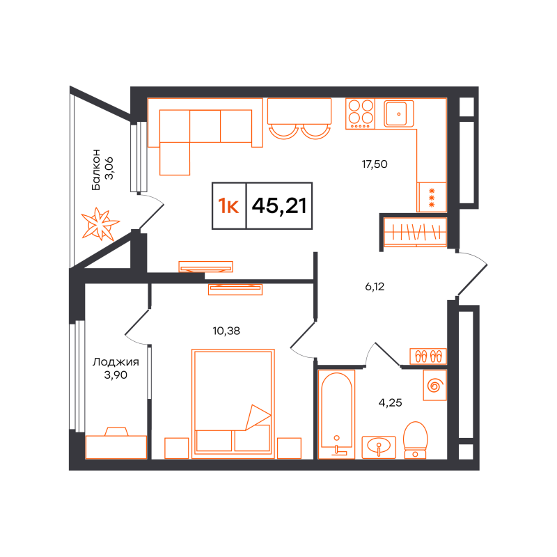 Планировка 1-комн. квартира, 45.2 м² — ЖК «Отличие»