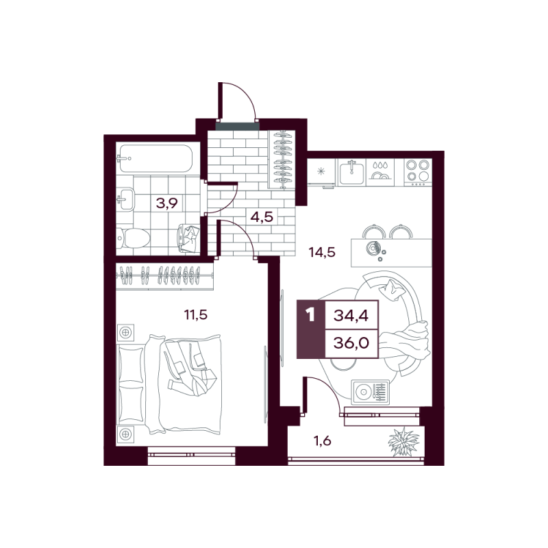 Планировка 1-комн. квартира, 35.7 м² — ЖК «MAX»