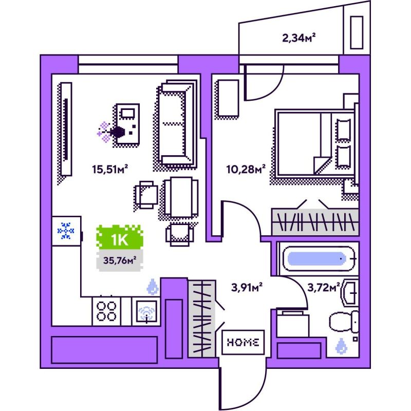 Планировка 1-комн. квартира, 35.8 м² — ЖК «Плэй»