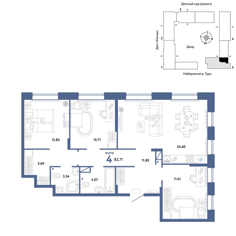 Планировка 4-комн. квартира, 82.7 м² — ЖК «Европейский берег 2.0»