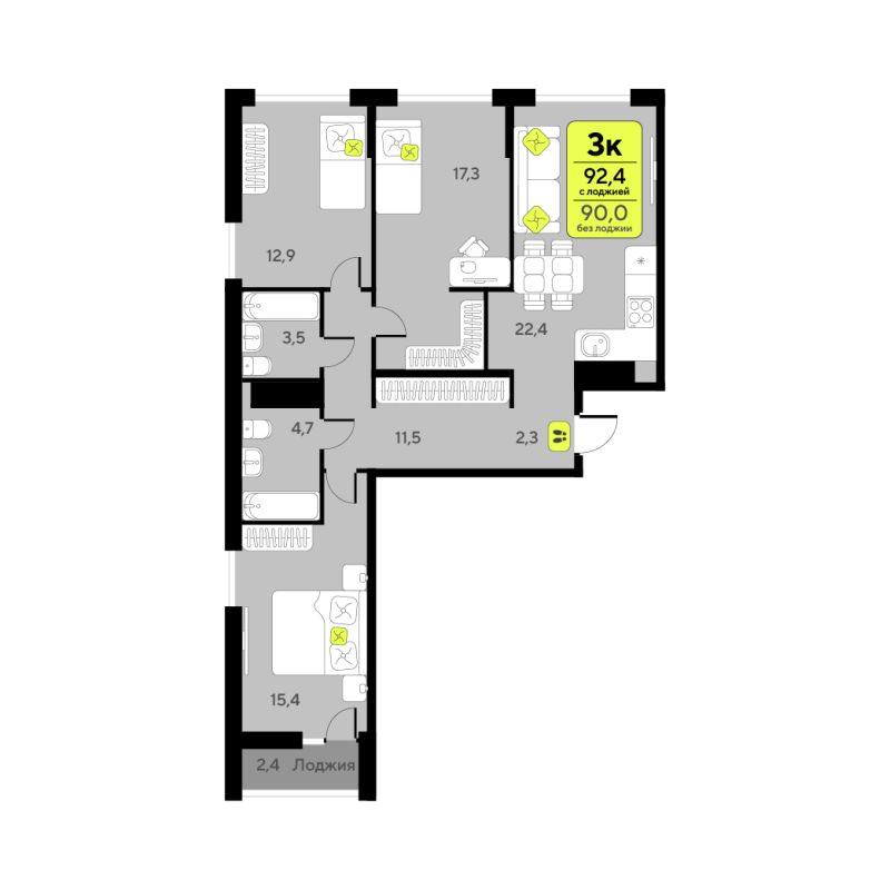 Планировка 3-комн. квартира, 90 м² — ЖК «Дивный квартал у озера»