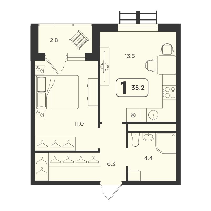 Планировка 1-комн. квартира, 35.2 м² — ЖК «Симфония»