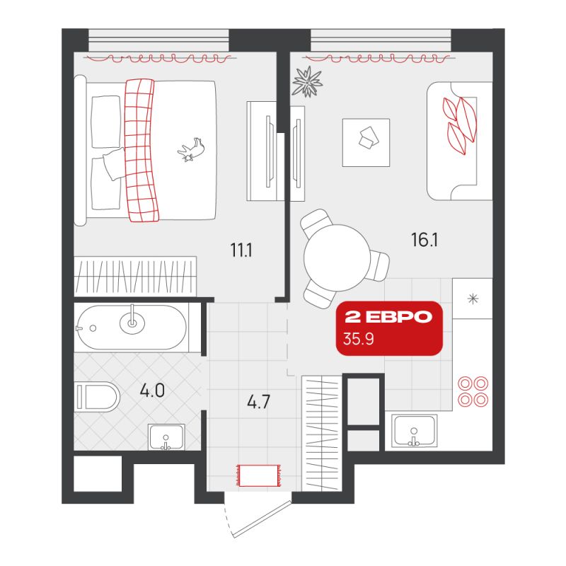 Планировка 1-комн. квартира, 35.9 м² — ЖК «Чистые пруды»