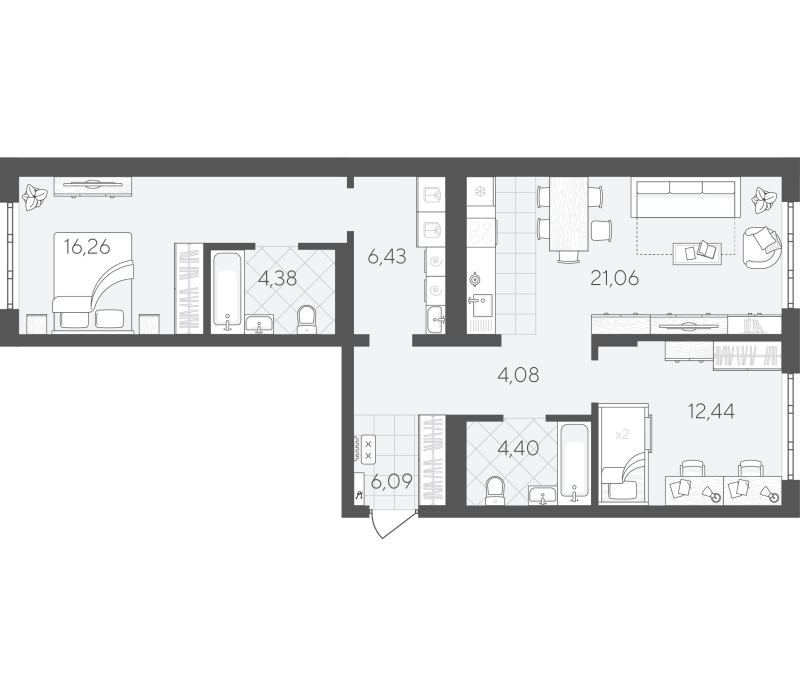 Планировка 2-комн. квартира, 75.1 м² — ЖК «Скандиа. Квартал в Слободе»