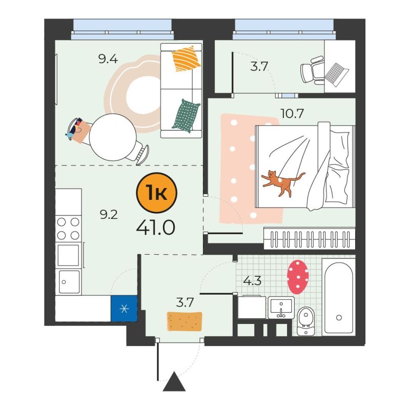 Планировка 1-комн. квартира, 41 м² — ЖК «Корней»