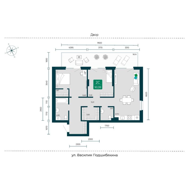 Планировка 2-комн. квартира, 91 м² — ЖК «Уездные кварталы»
