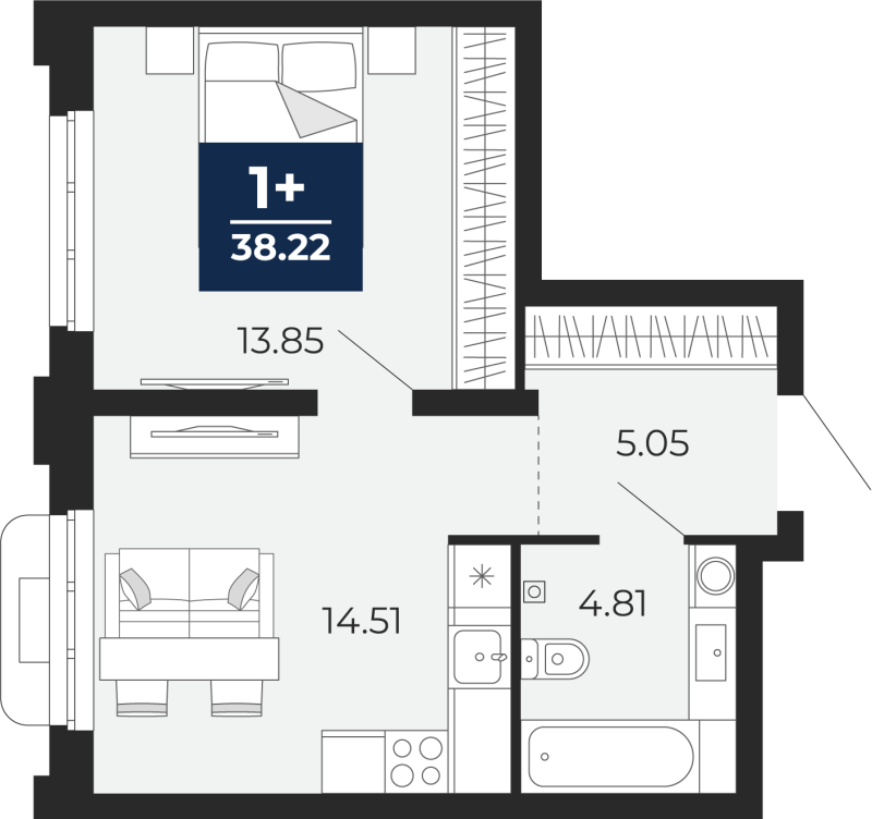 Планировка 1-комн. квартира, 38.2 м² — ЖК «Айвазовский»