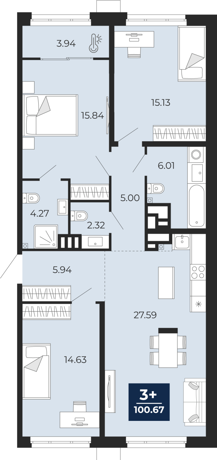 Планировка 3-комн. квартира, 100.7 м² — ЖК «Айвазовский»
