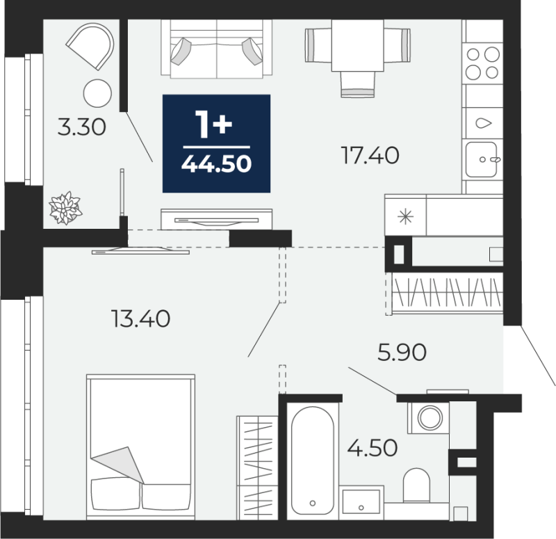 Планировка 1-комн. квартира, 44.5 м² — ЖК «Айвазовский»