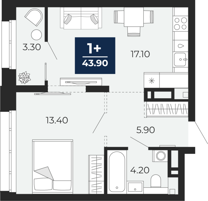 Планировка 1-комн. квартира, 43.9 м² — ЖК «Айвазовский»
